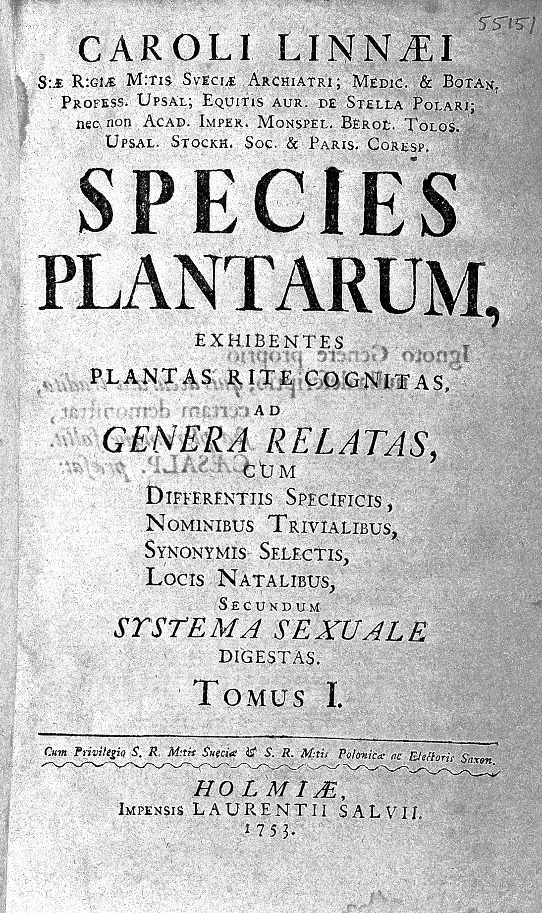 Titulní strana díla Species Plantarum Carla Linného, Stockholm 1753, kde Dianthus caryophyllus získává oficiální binom