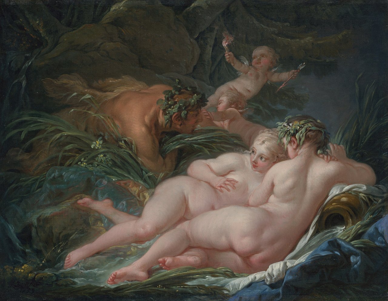 Peinture de François Boucher « Pan et Syrinx » (1759), nymphe transformée en roseaux poursuivie par le dieu Pan