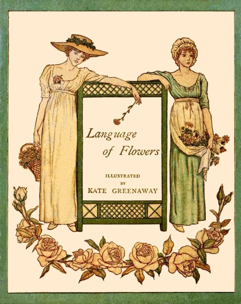 Tabuľa z knihy The Language of Flowers od Kate Greenaway (1884), viktoriánska príručka floriografie, súčasná s kodifikáciou hanakotoby v období Meidži.