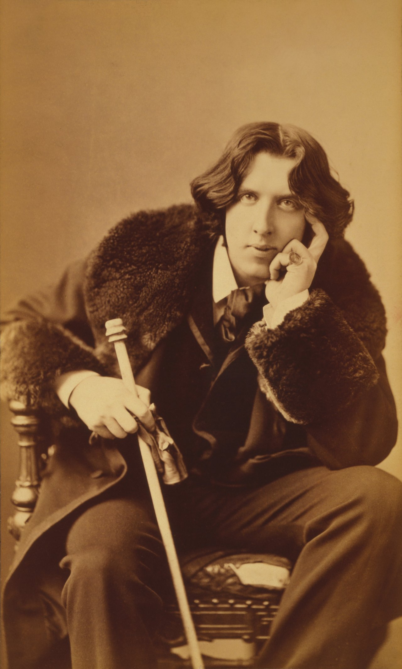 Fotografický portrét Oscara Wilda od Napoleona Saronyho, 1882, deset let před premiérou Lady Windermere's Fan, kde zavedl zelený karafiát jako viktoriánský queer signál