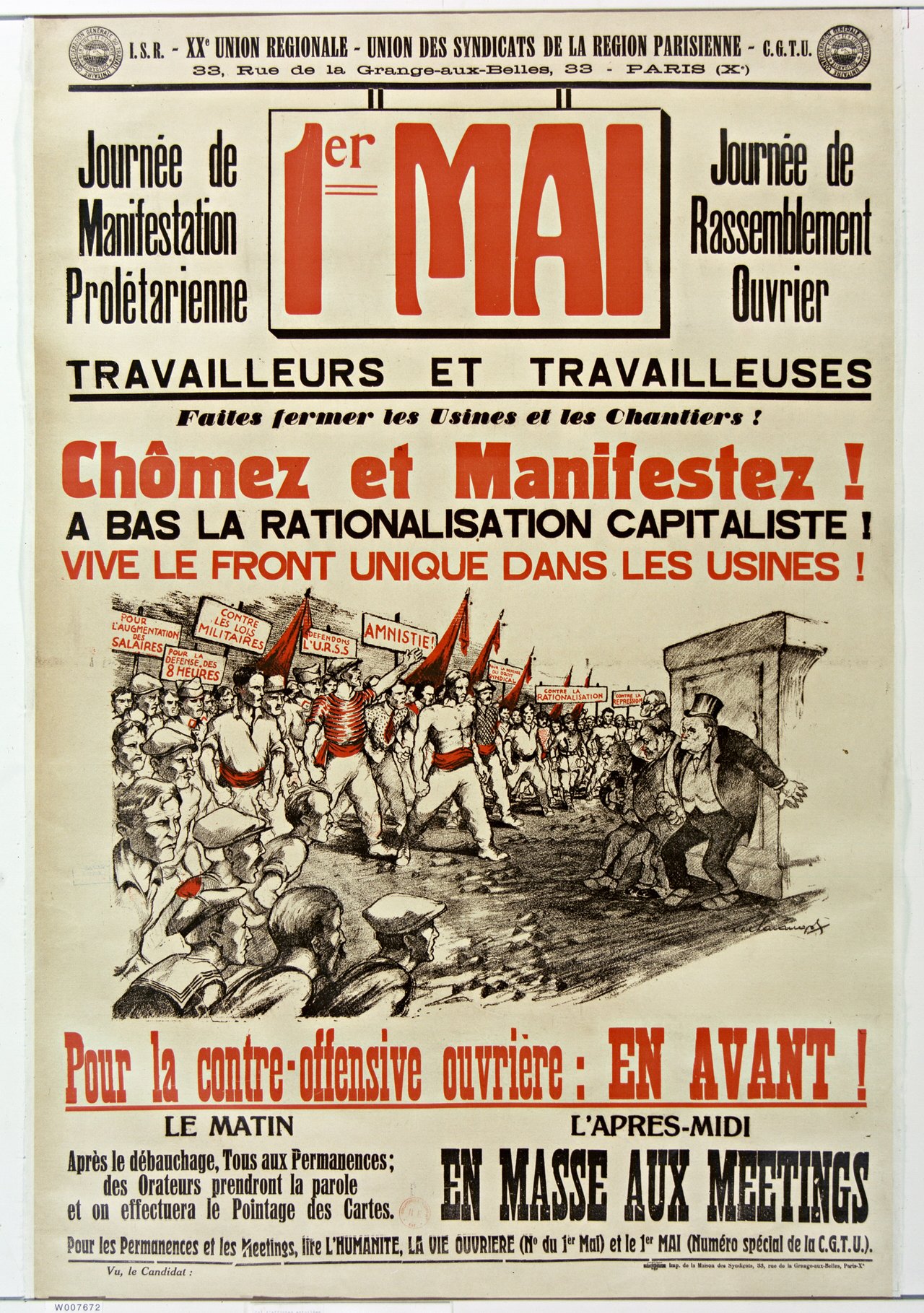 Affiche française « Journée de manifestation prolétarienne 1er mai » (1936, BnF Gallica) : rose rouge, emblème ouvrier adopté au congrès socialiste de Paris en juillet 1889
