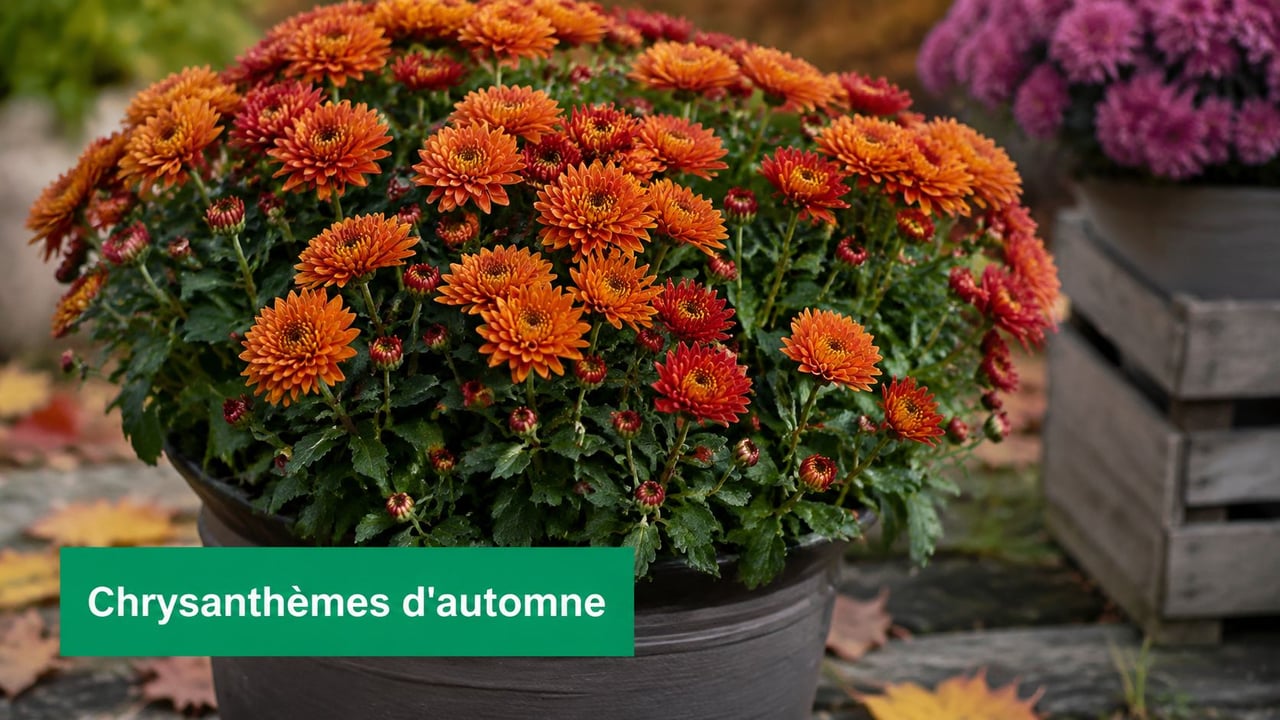 Un pot de fleurs contenant des chrysanthèmes d'automne aux pétales orangés dans un jardin extérieur automnal.