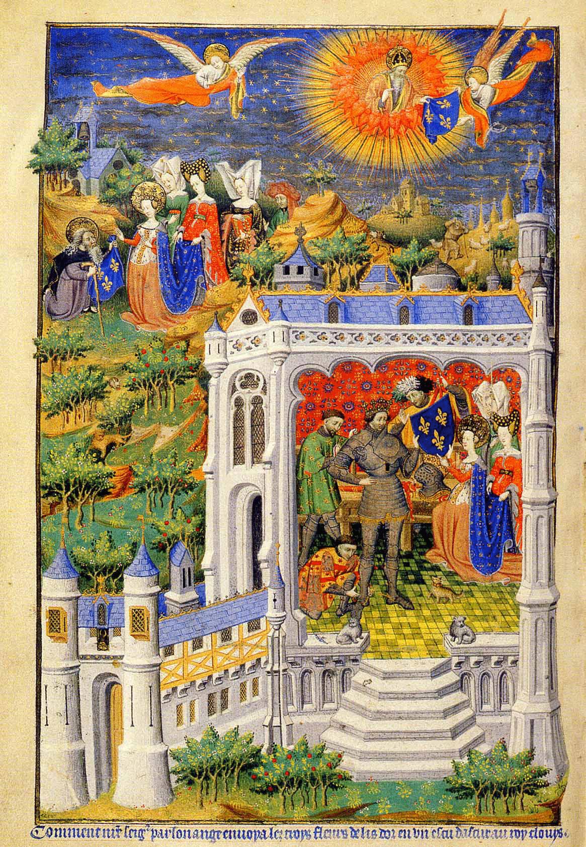 Clovis prijíma od anjela heraldickú ľaliu, iluminácia z 15. storočia, posun Flor de Loys k heraldickej ľalii francúzskych kráľov