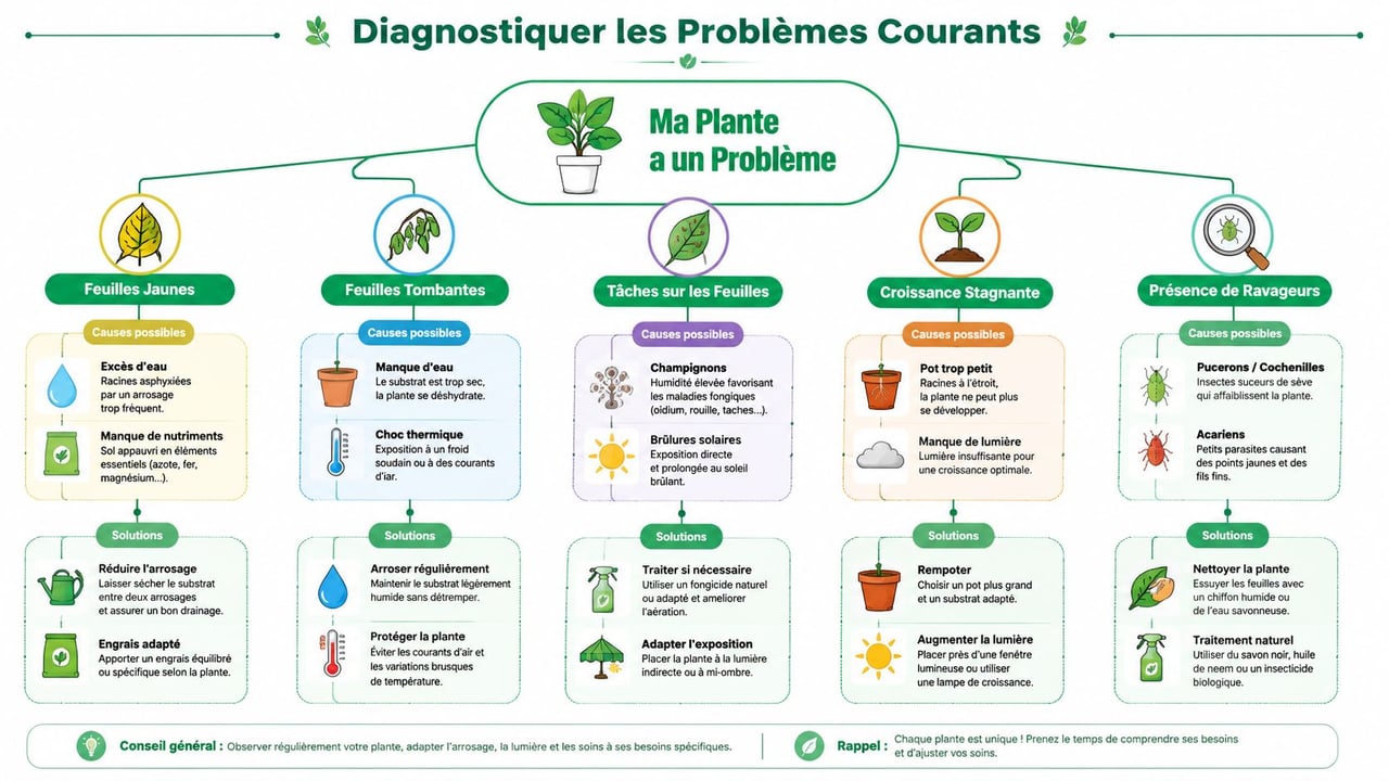 Ilustrovaná infografika diagnostiky a riešení bežných problémov izbových rastlín.