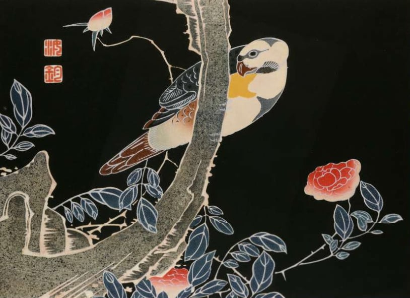 Estampe japonaise « Roses et perroquet » par Itō Jakuchū (1716-1800), illustration du hanakotoba où la rose (薔薇 bara) code la jalousie en jaune
