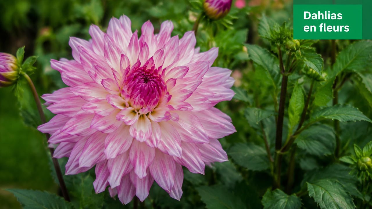 Une magnifique fleur de dahlia rose et blanche s'épanouissant dans un jardin verdoyant en plein été.