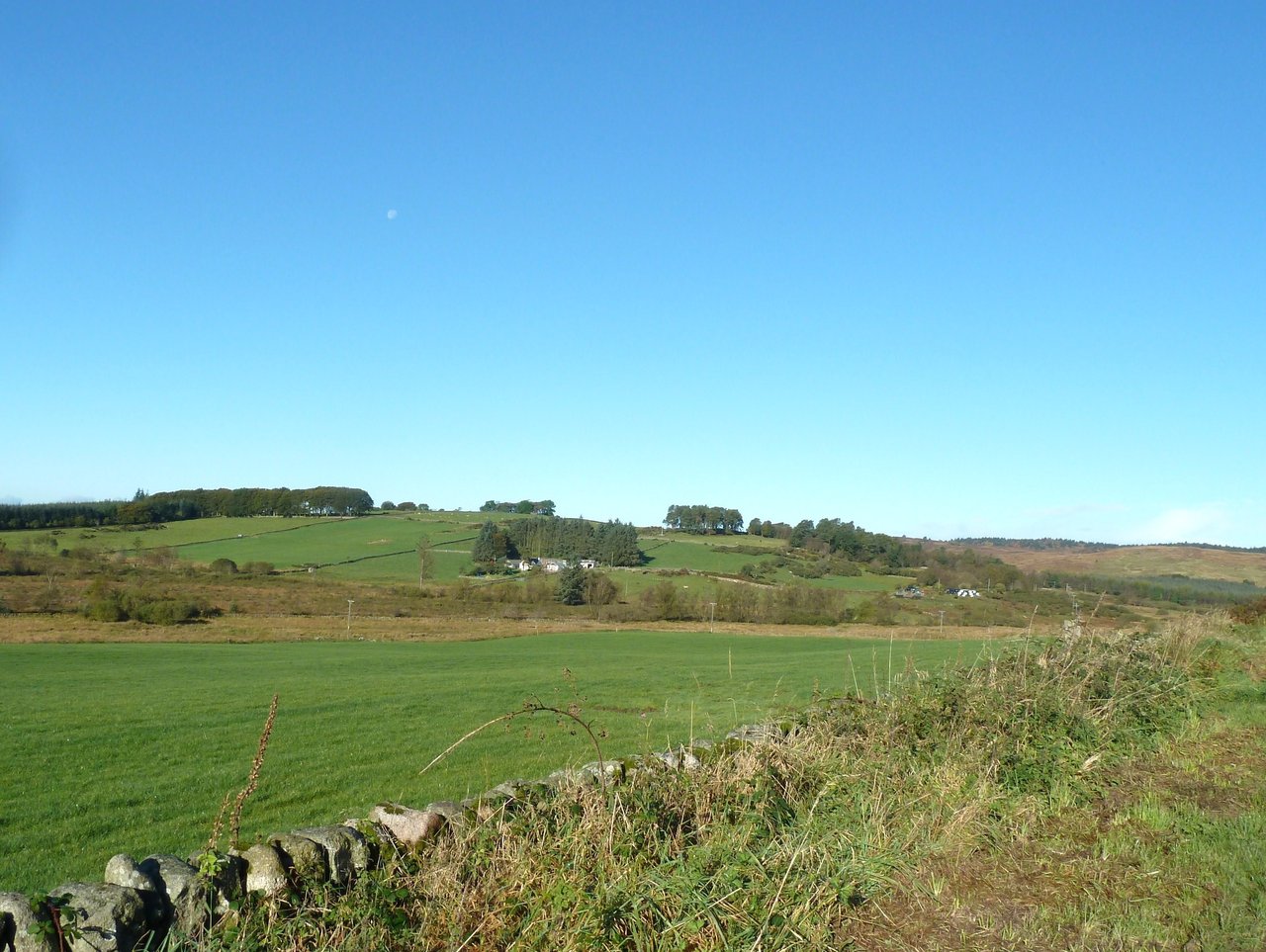 Lune au-dessus d'un paysage agricole rural, image sobre adaptée à la posture neutre de l'article sur le calendrier lunaire en jardinage
