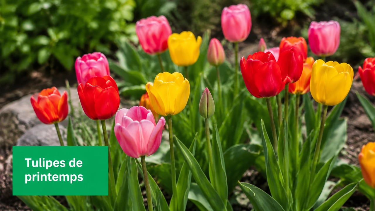 Záhon barevných tulipánů v plném jarním květu za denního světla