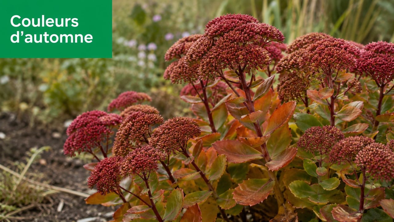 Des fleurs d'automne de couleur rouge foncé s'épanouissent dans un jardin par une journée nuageuse.