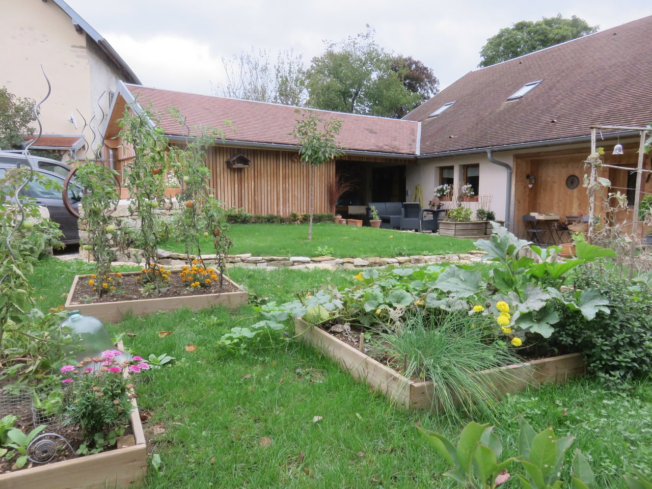 Deux potagers en carré en bois bien entretenus plantés de laitues, choux et aromatiques, sol couvert et substrat humide entre les cases