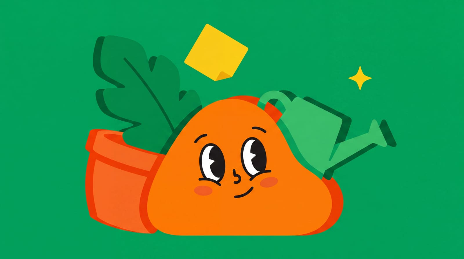 Plochá vektorová ilustrace ve stylu Headspace: usměvavá oranžová postavička vedle květináče, zelená konvička a hvězda na zeleném pozadí