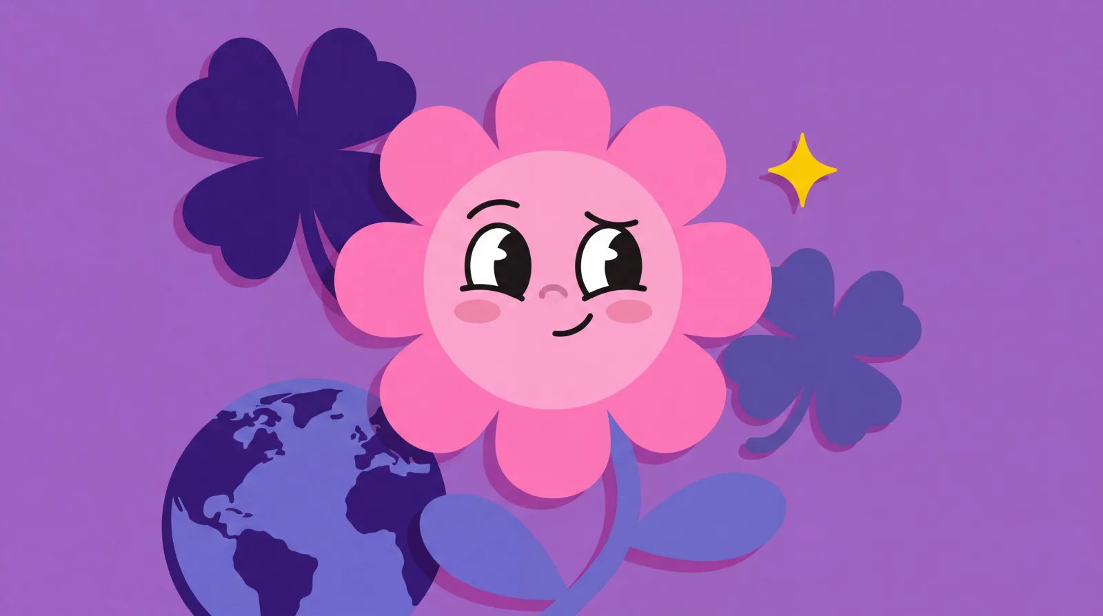 Illustration vectorielle plate d'une fleur rose souriante entourée d'un trèfle à quatre feuilles et d'un globe terrestre, sur fond violet — symboles de la chance à travers le monde