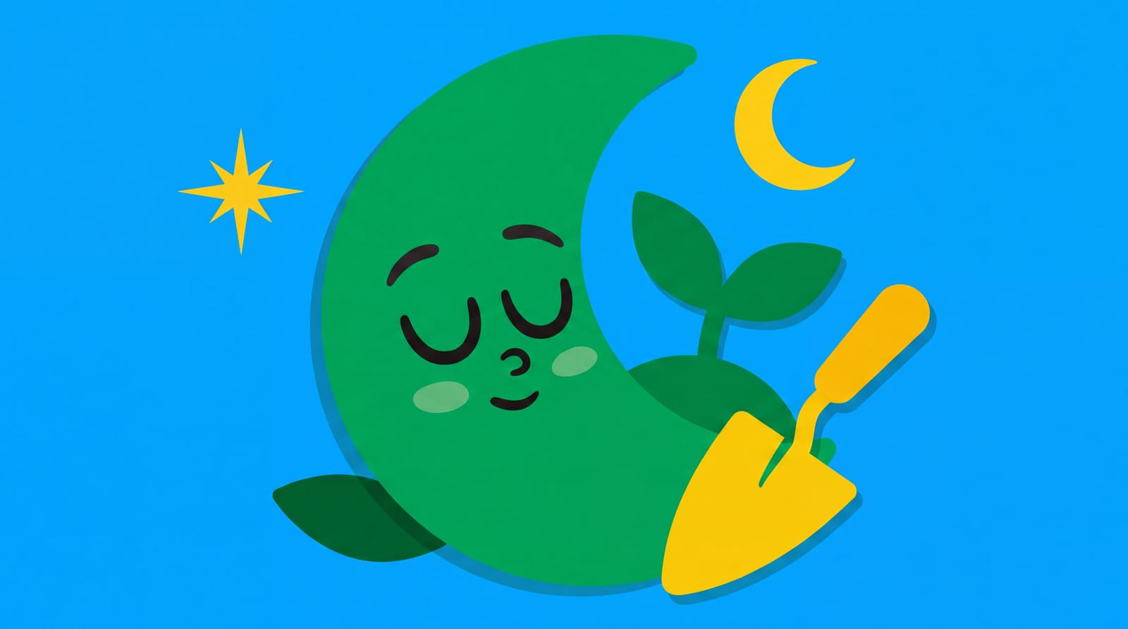 Illustration plate d'un croissant de lune souriant à côté d'une jeune pousse et d'une truelle