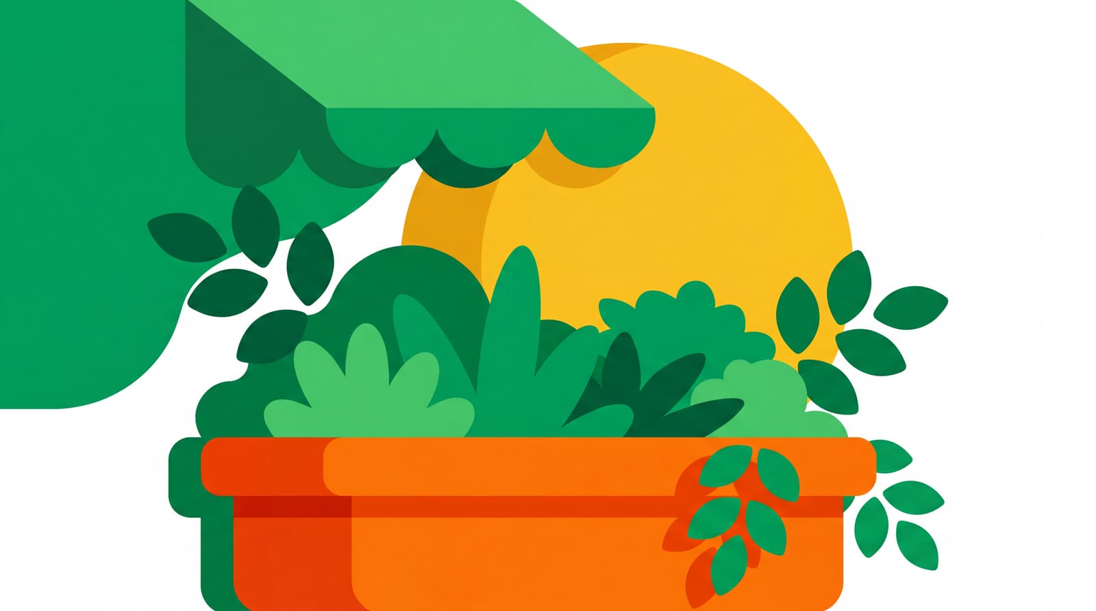 Plochá vektorová ilustrace ve stylu Headspace: obdélníkový terakotový truhlík přetékající stylizovaným zeleným listím, žluté slunce a listoví v pozadí, na bílém pozadí