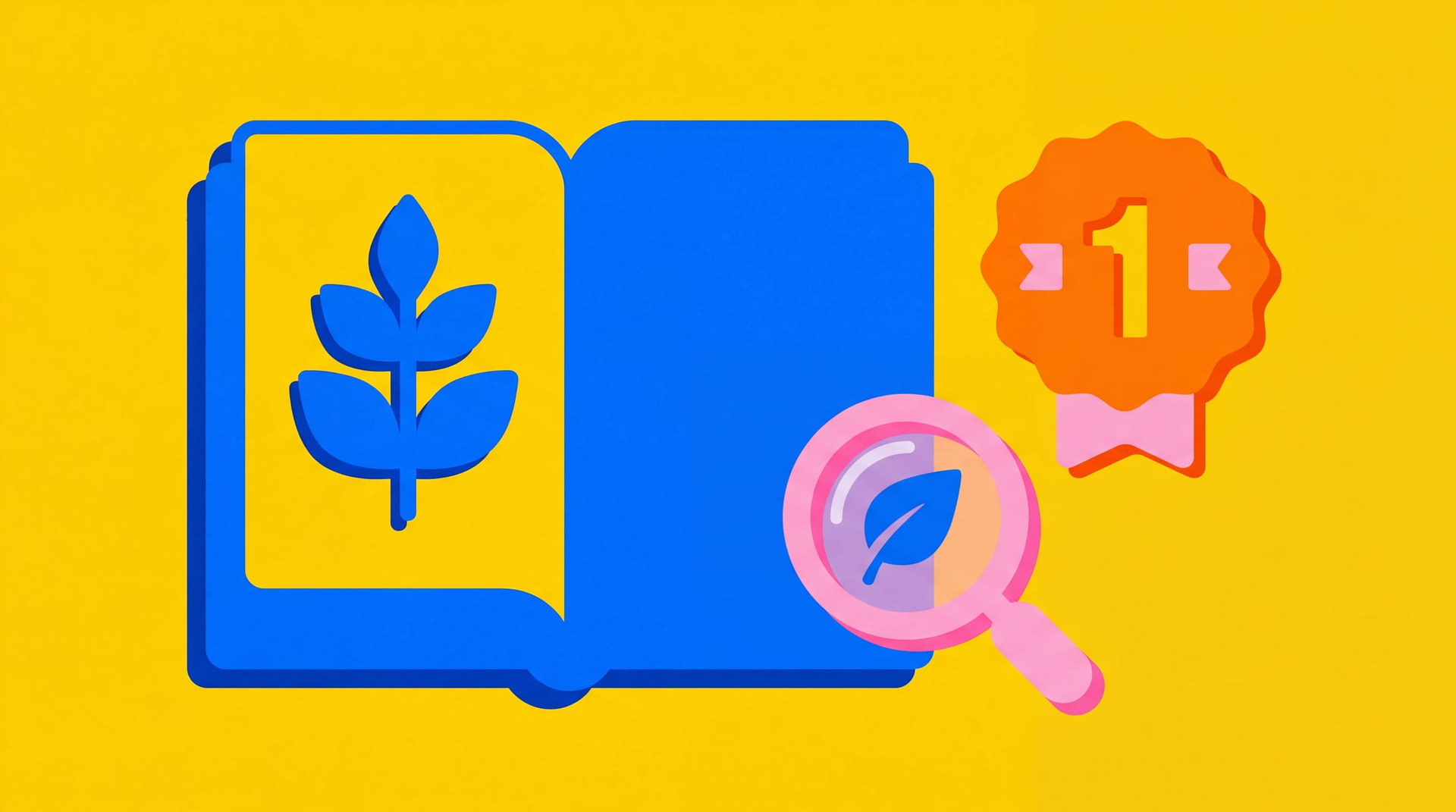 Illustration d'un livre botanique bleu avec une loupe, une feuille et un badge numéro un sur fond jaune