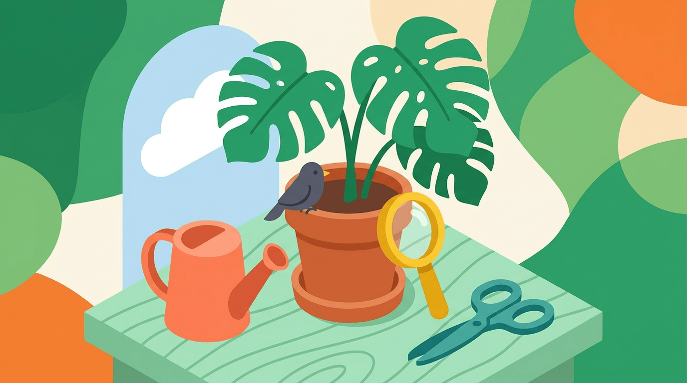 Illustration d'un monstera en pot avec arrosoir, loupe et sécateur sur une table