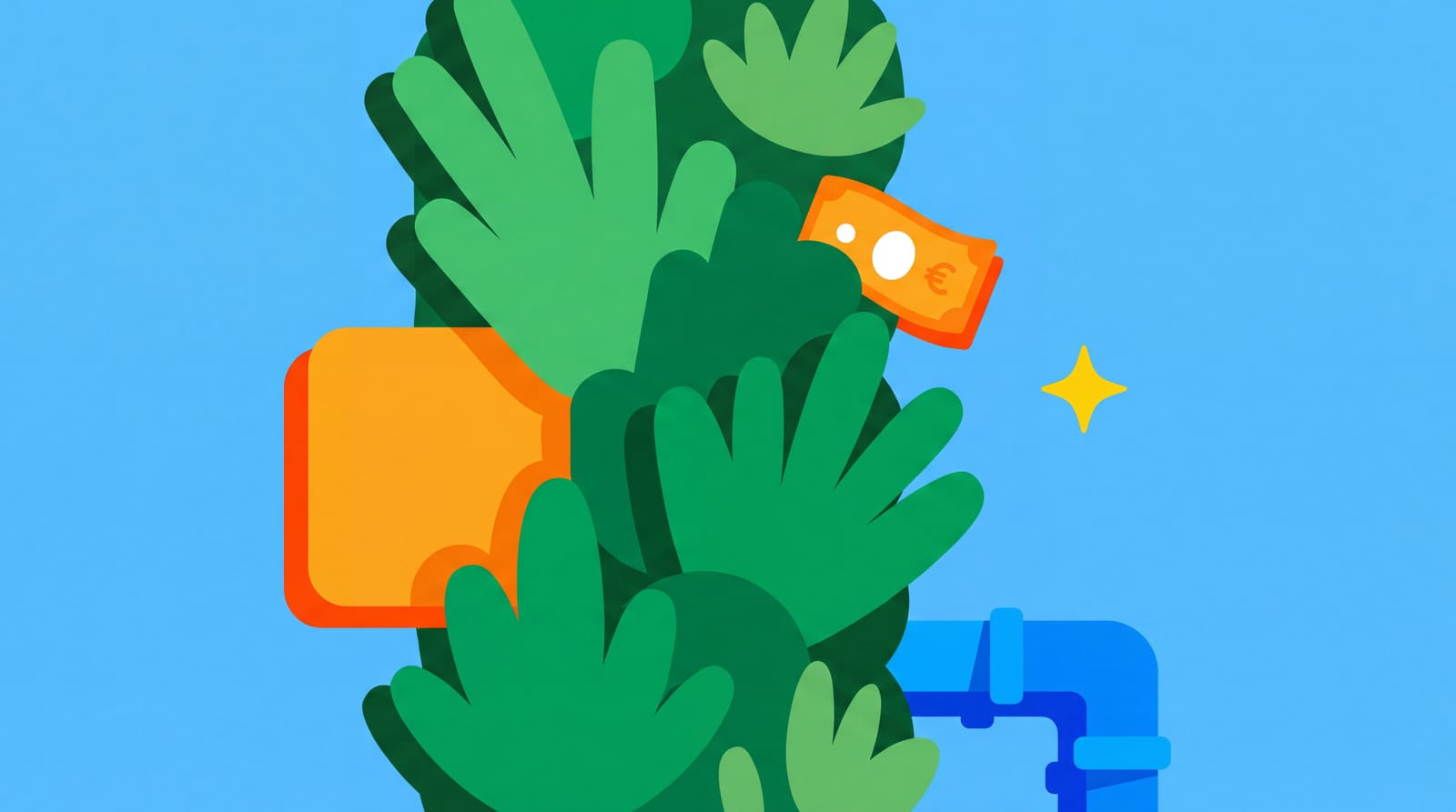 Plochá vektorová ilustrácia v štýle Headspace: štylizovaná zelená stena s lístím v zelených dlaniach, oranžová cenovka v eurách a modré závlahové potrubie na jasnomodrom pozadí