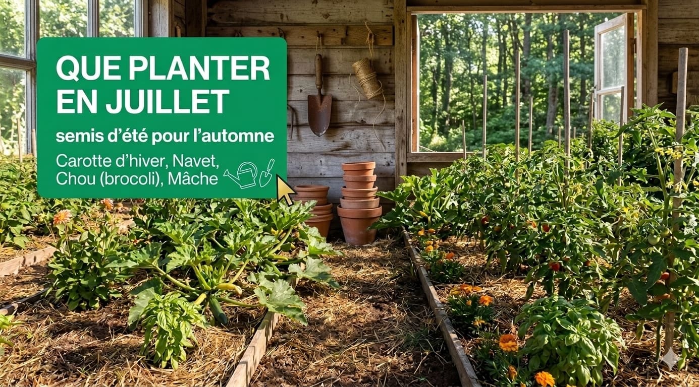Potager d'été en juillet : rangées de salades, carottes et choux paillés sous une lumière douce de fin d'après-midi