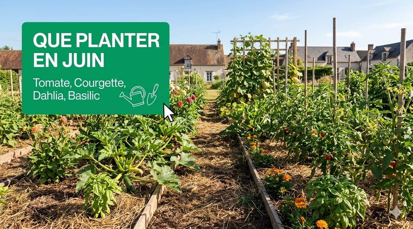 Potager de juin : rangées de tomates et courgettes en pleine croissance, dahlias en fleurs, devant des maisons en pierre
