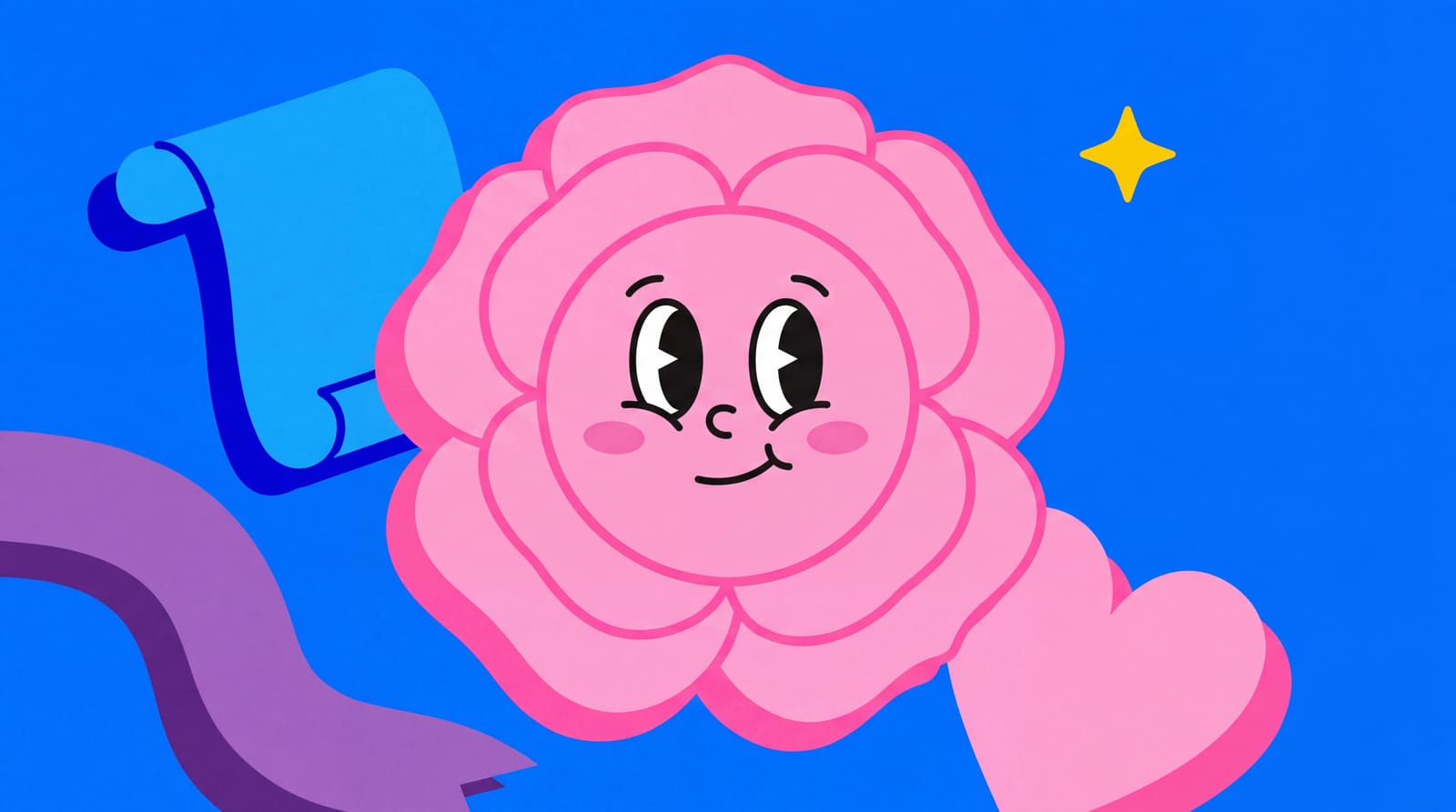 Illustration vectorielle plate style Headspace : rose rose souriante au visage cartoon, parchemin bleu et ruban violet, étoile jaune sur fond bleu vif
