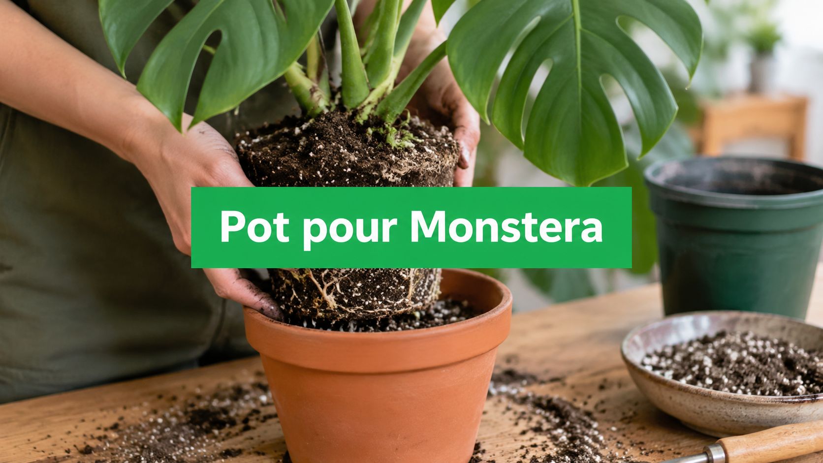 Rempotage d'un monstera deliciosa dans un pot en terre cuite, motte et racines visibles