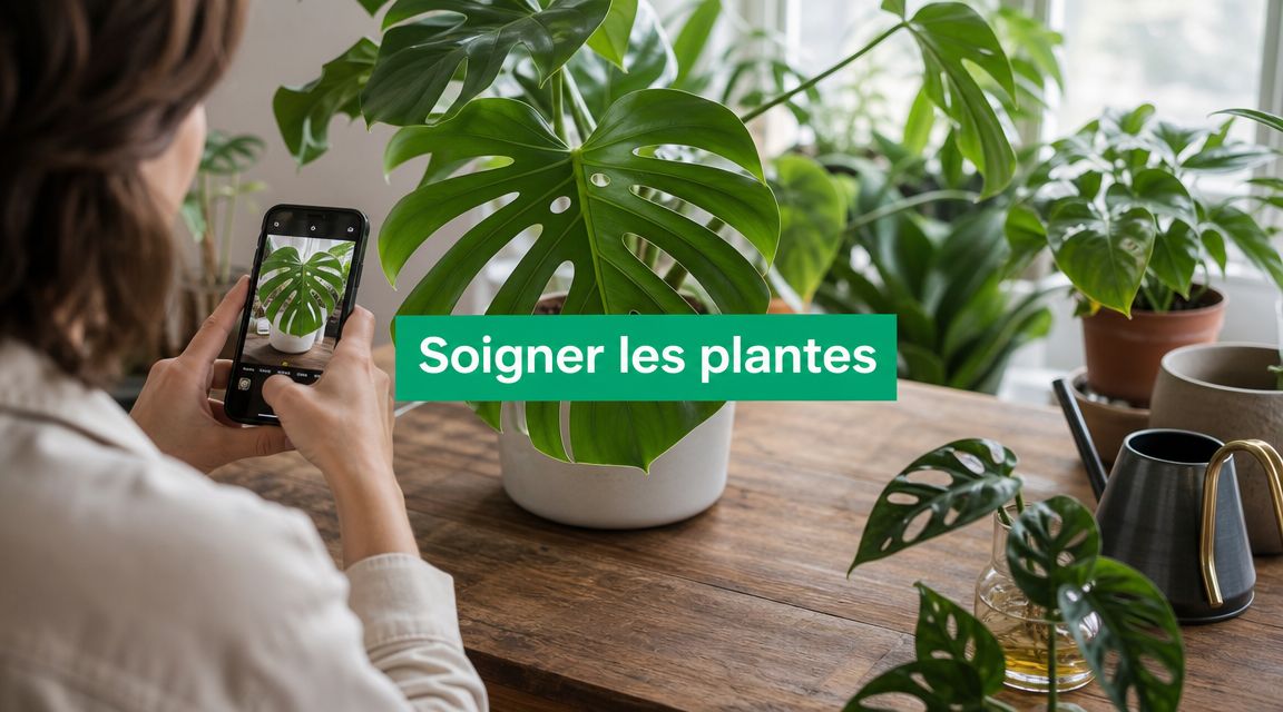 สมาร์ตโฟนแสดงแอปดูแลต้นไม้วางอยู่ใกล้ Monstera deliciosa