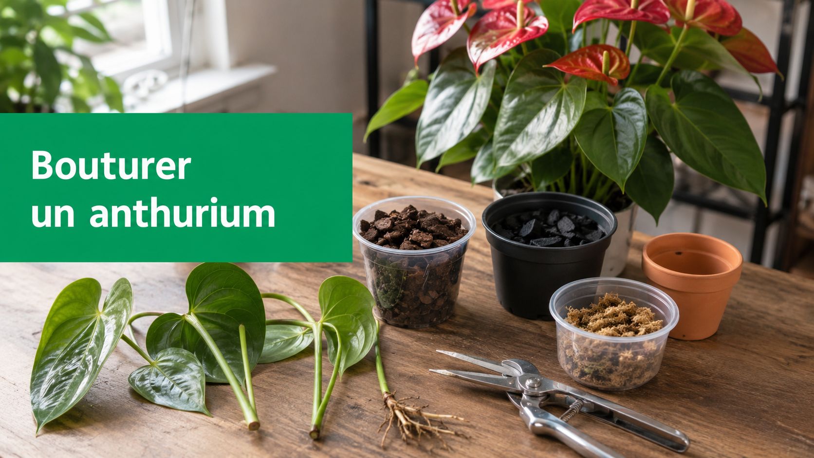 Bouture d'anthurium en cours d'enracinement à côté de la plante mère aux spathes rouges