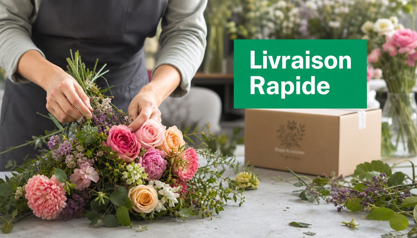 Bouquet frais préparé chez un fleuriste, prêt à être livré