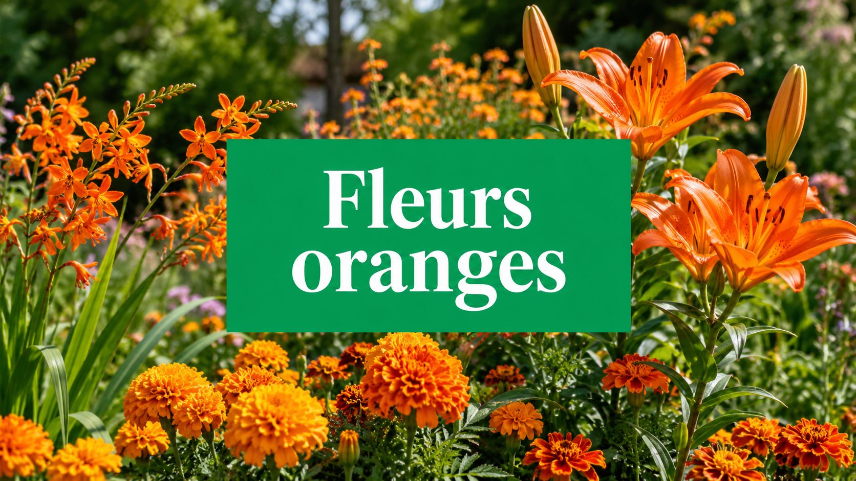 Massif de fleurs oranges au jardin : soucis, capucines et dahlias en pleine floraison