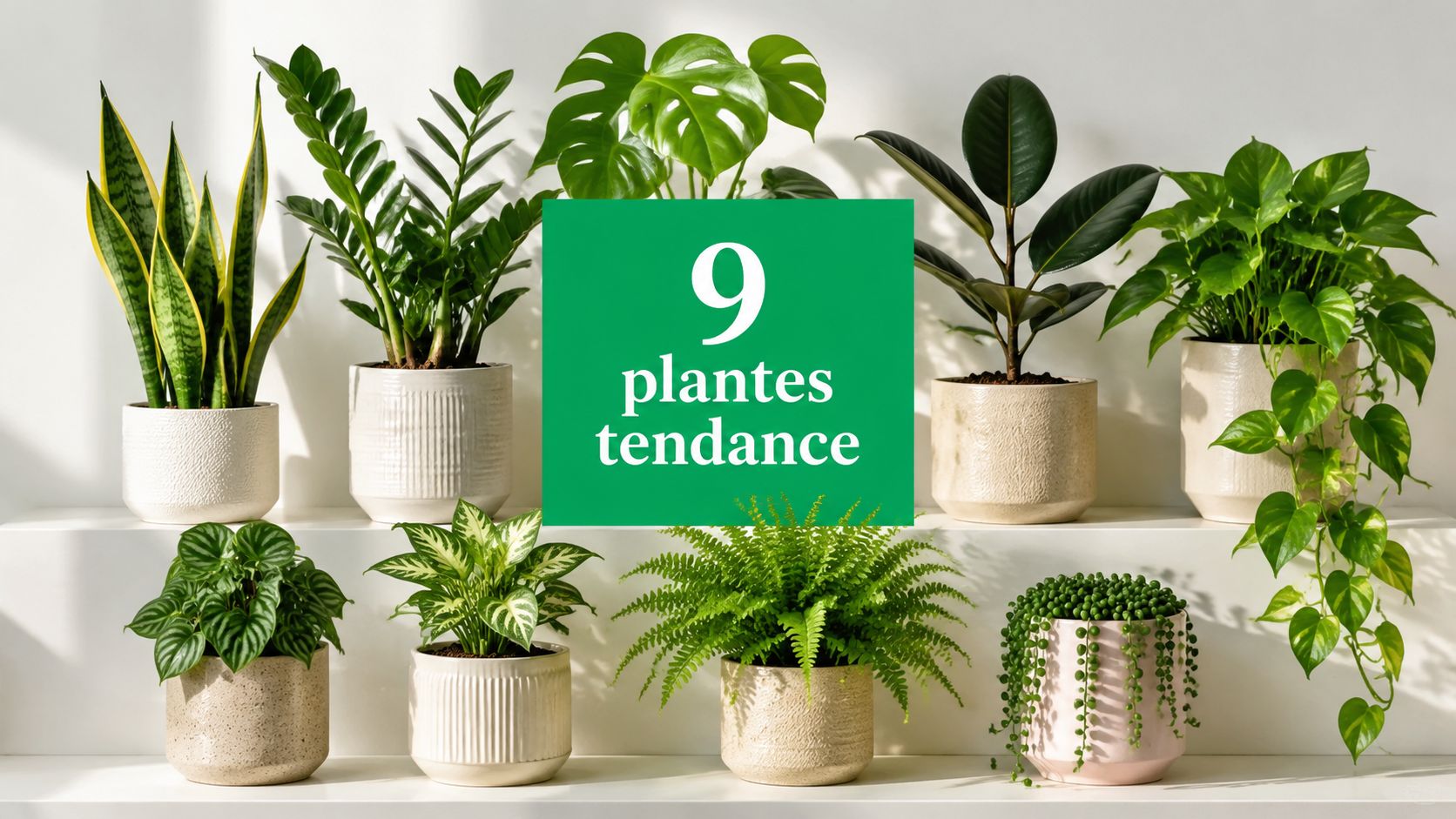 Composition de plantes d'intérieur tendance aux feuillages panachés et graphiques dans un salon lumineux
