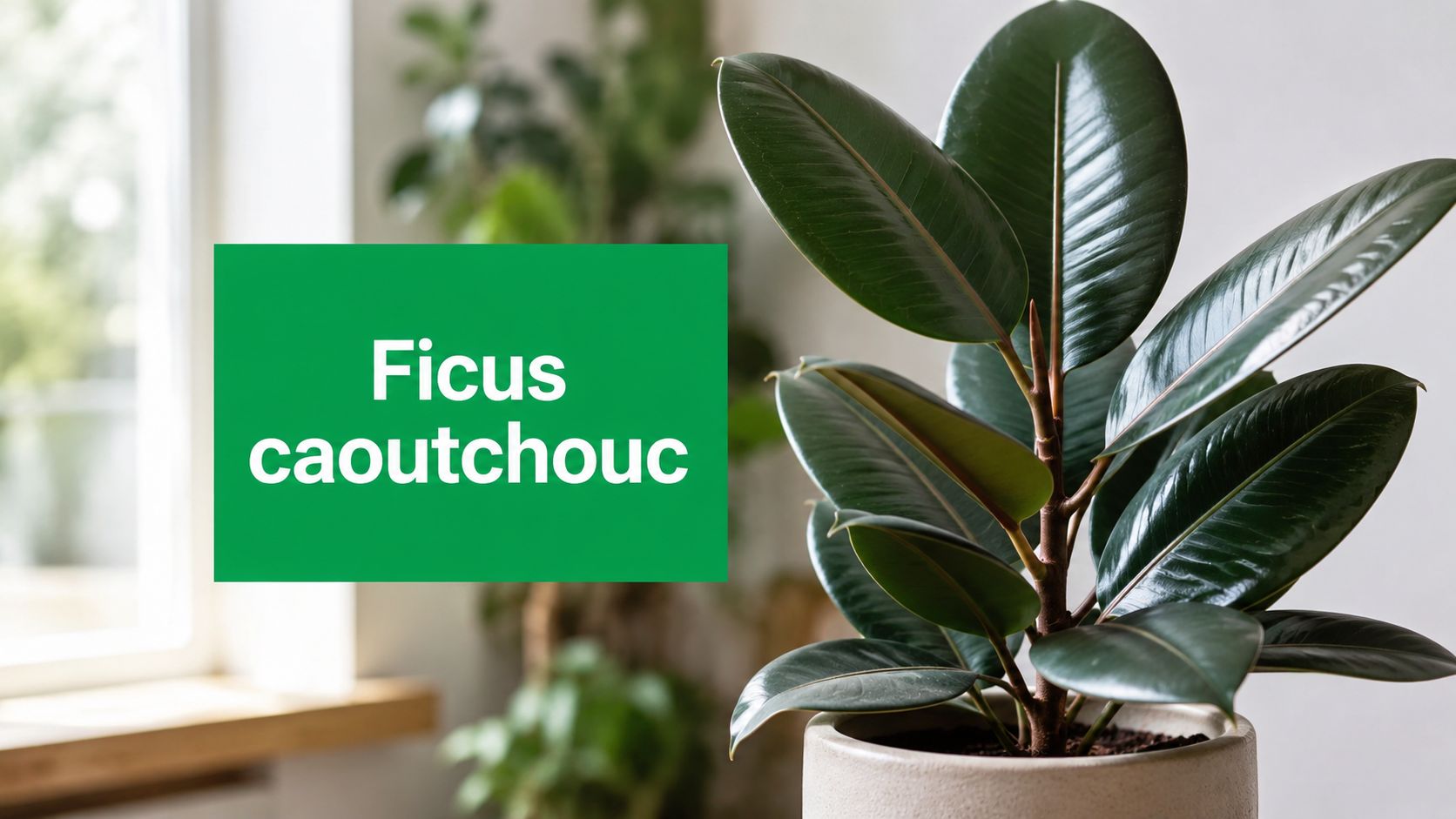 Caoutchouc (Ficus elastica) au feuillage vernissé près d'une fenêtre lumineuse