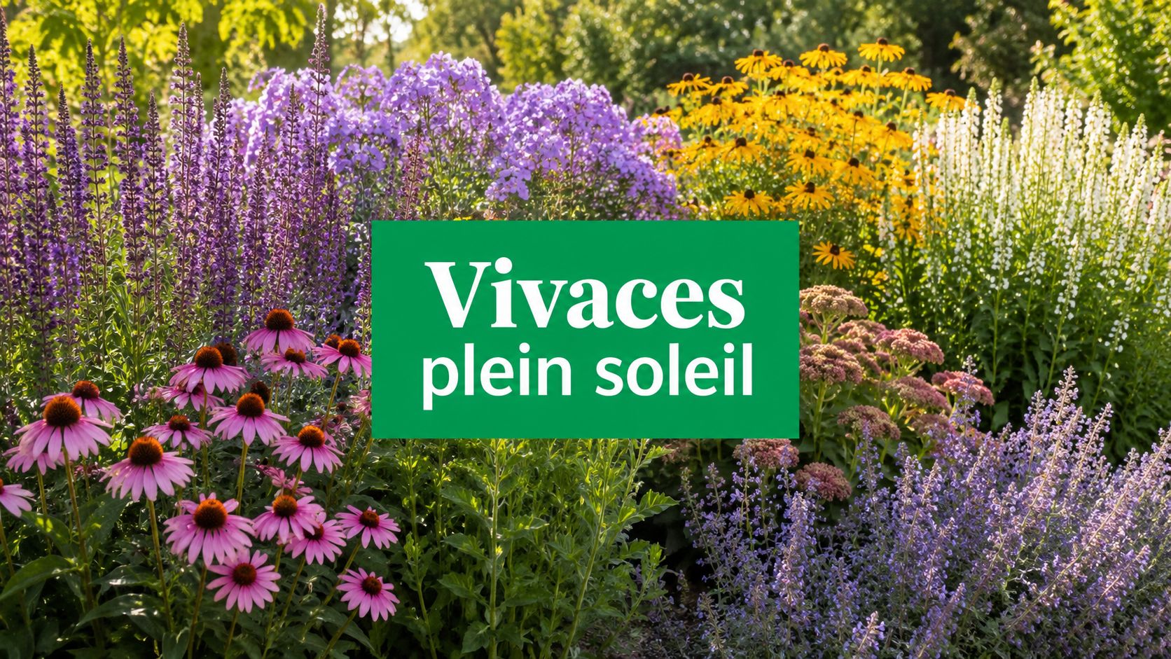 Massif de vivaces de plein soleil en pleine floraison estivale, échinacées, rudbeckias et gauras mêlés