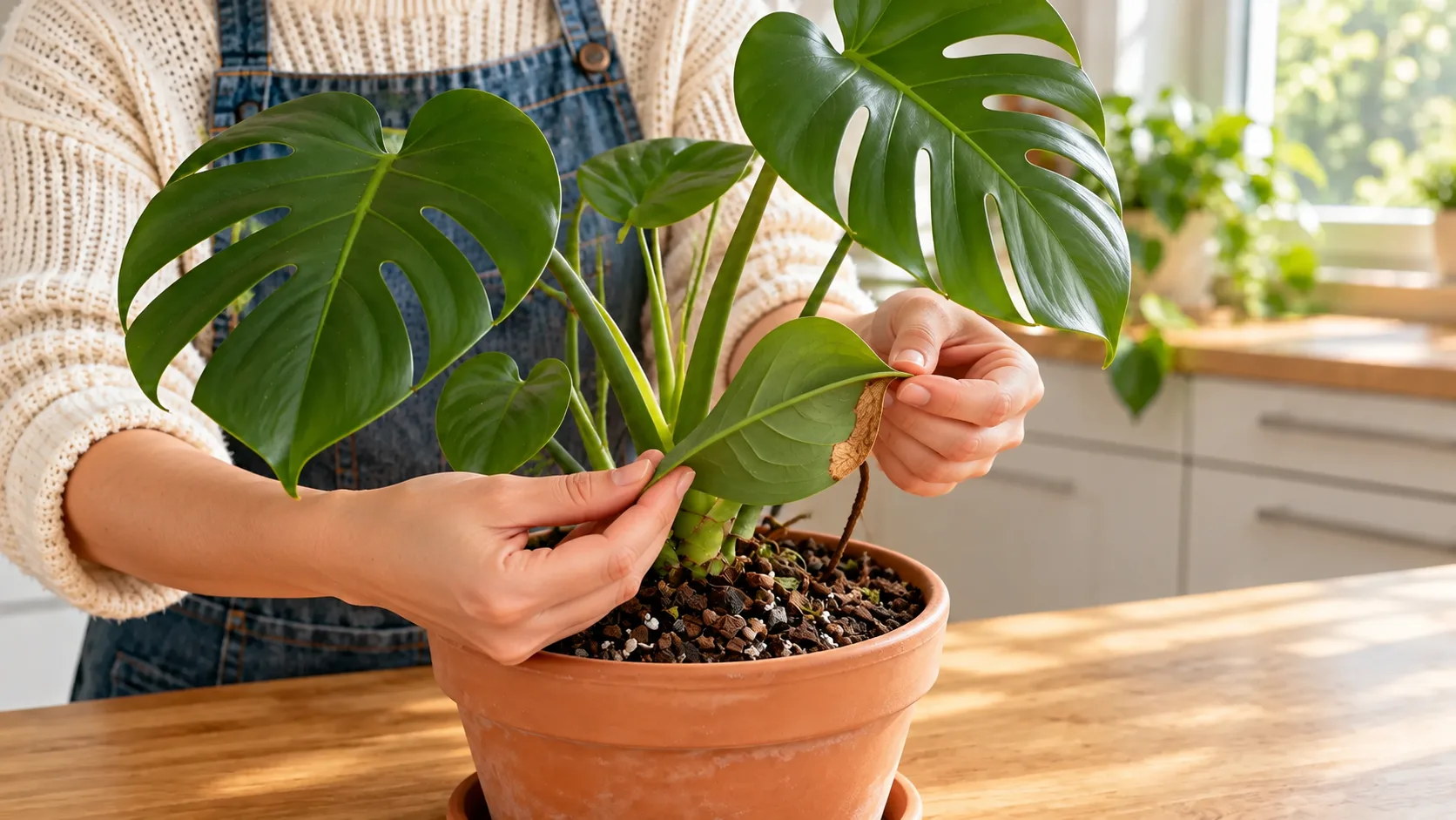 Deux mains examinent une feuille basse de monstera marquée d'une zone sèche brune sur le bord, les autres feuilles restant vert foncé