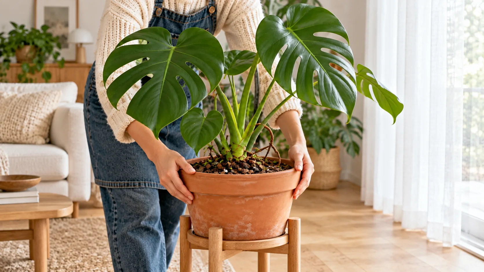 Deux mains tournent d'un quart de tour un grand monstera en pot de terre cuite, posé sur un support en bois à un mètre d'une fenêtre voilée d'un rideau blanc
