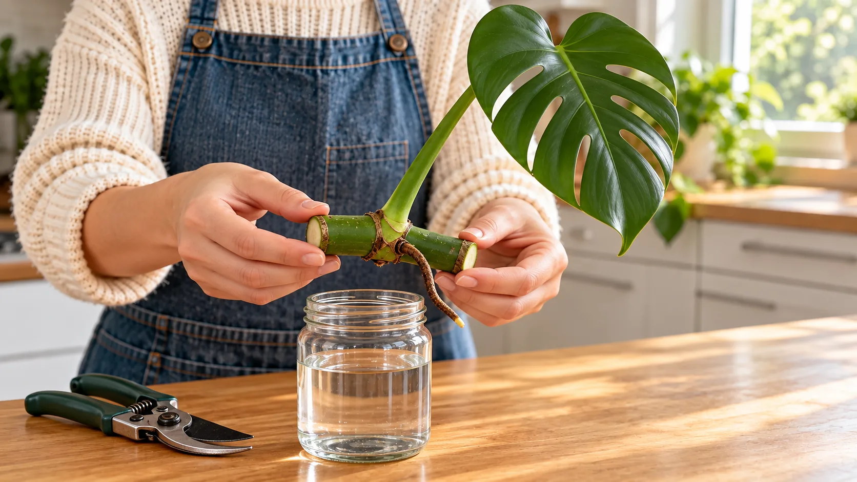 Deux mains tiennent au-dessus d'un bocal d'eau une bouture de monstera : un tronçon de tige coupé aux deux bouts, avec un nœud, une racine aérienne et une feuille
