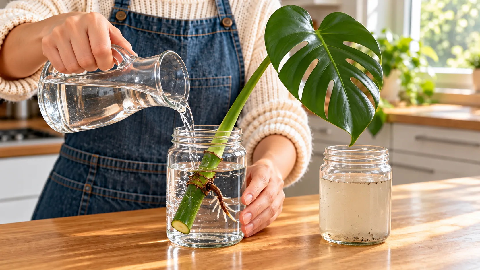 Une main verse de l'eau claire dans un bocal où trempe une bouture de monstera : le nœud, sa racine aérienne et de jeunes racines blanches sous l'eau, le pétiole et la feuille au-dessus ; à côté, un bocal d'eau trouble