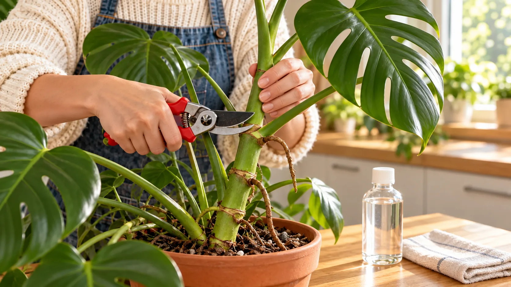Un sécateur se referme sur la tige épaisse d'un monstera juste au-dessus d'un nœud, d'où sortent un pétiole et une racine aérienne, un flacon d'alcool et un chiffon posés à côté