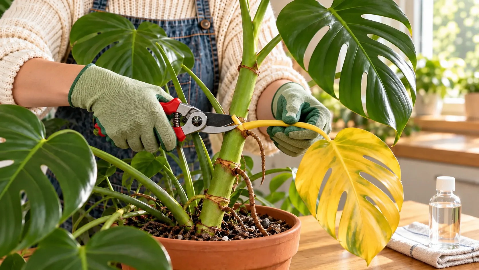 Mains gantées coupant au sécateur le pétiole d'une feuille de monstera entièrement jaune, tout près de la tige, les autres feuilles restant vert foncé