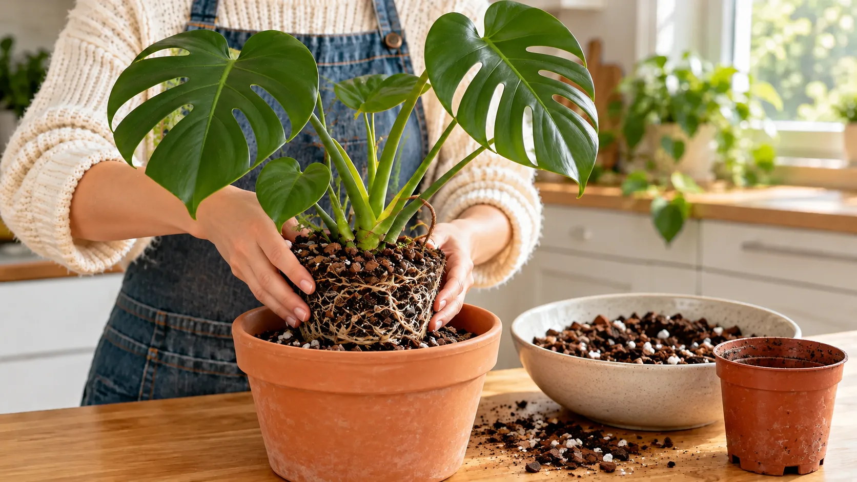Deux mains posent la motte d'un monstera, racines blanches visibles, dans un pot de terre cuite à peine plus grand, à côté d'un saladier de mélange d'écorce, de terreau et de perlite