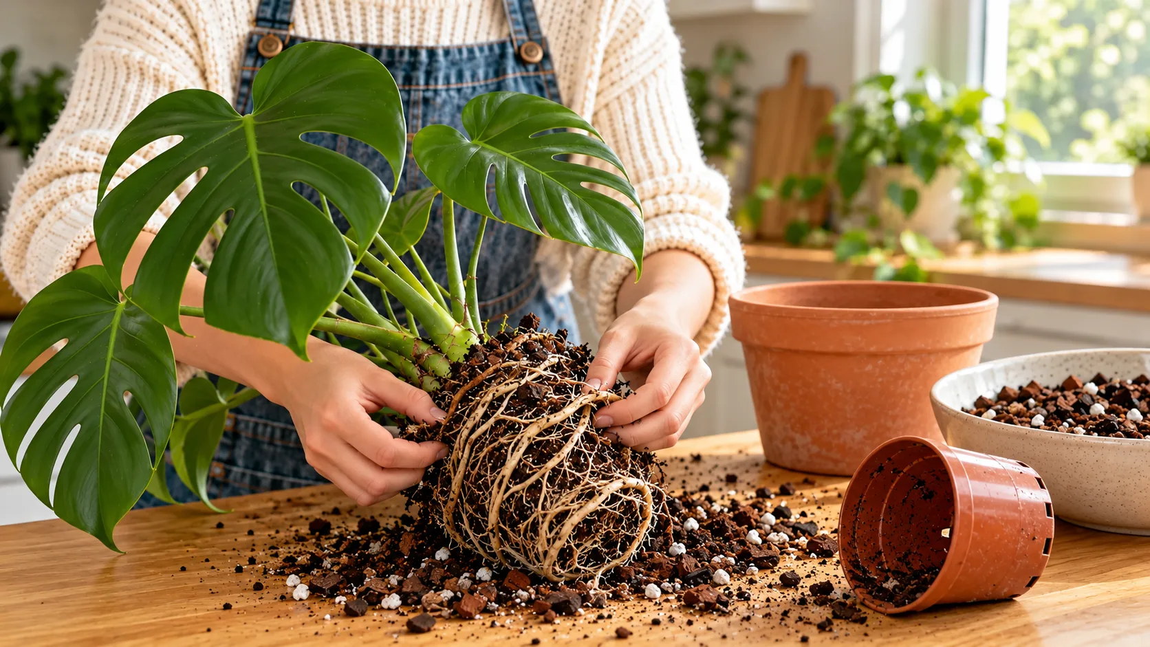 Un monstera sorti de son pot en plastique, couché sur le plan de travail, deux mains démêlant du bout des doigts les racines qui tournaient en spirale autour de la motte