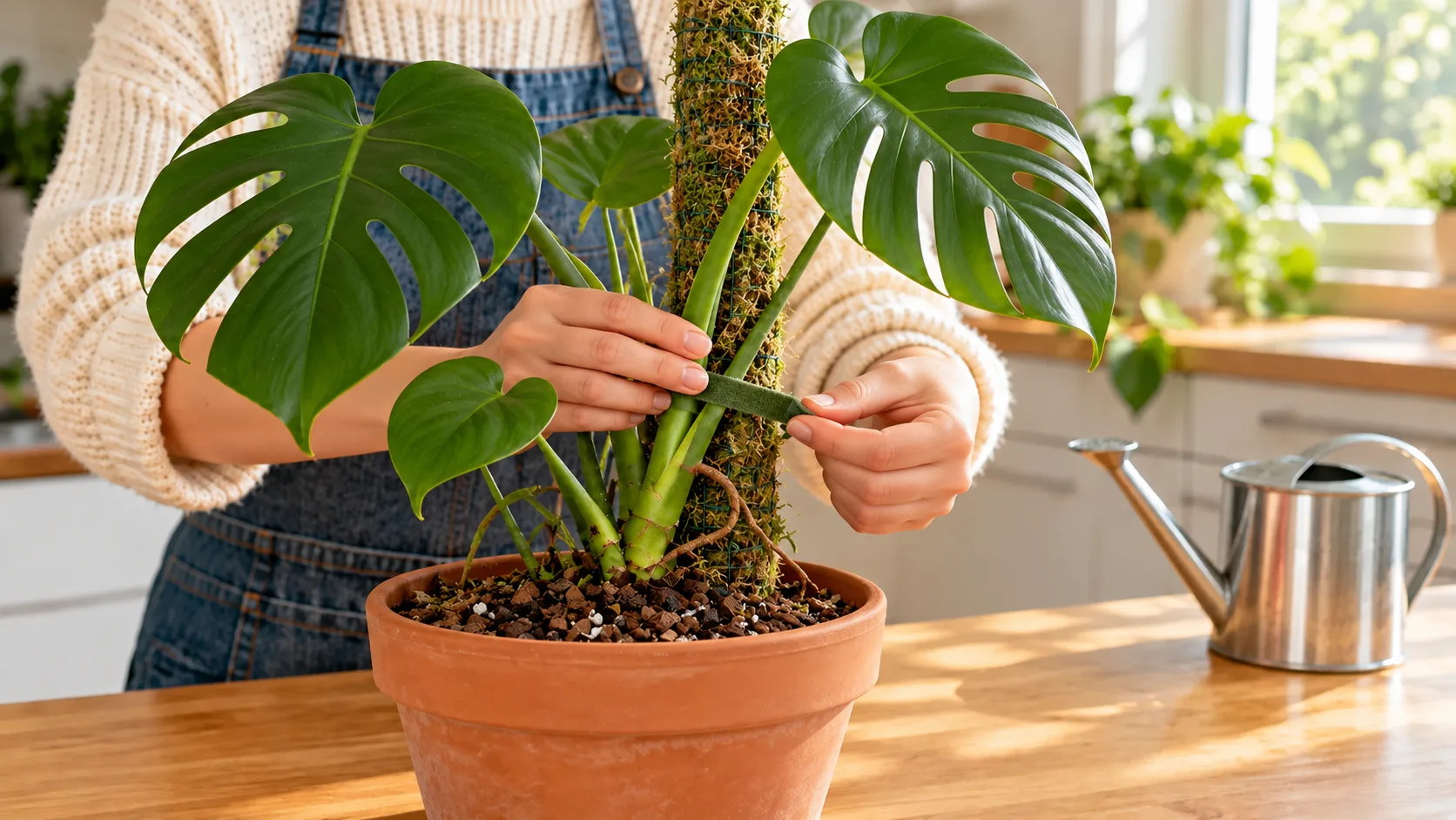Deux mains attachent sans serrer la tige d'un monstera à un tuteur en mousse avec un lien souple, une racine aérienne rejoignant déjà la mousse