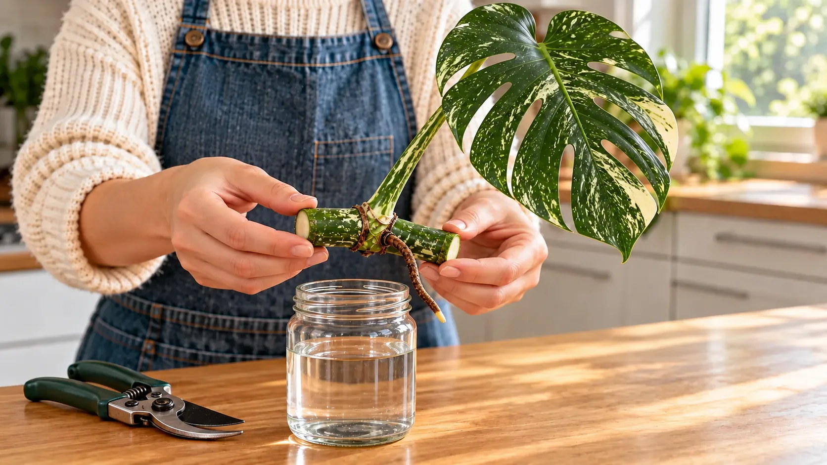 Deux mains tiennent une bouture de monstera Thai Constellation : un tronçon de tige moucheté de crème, un nœud avec sa racine aérienne et une feuille découpée semée de points crème