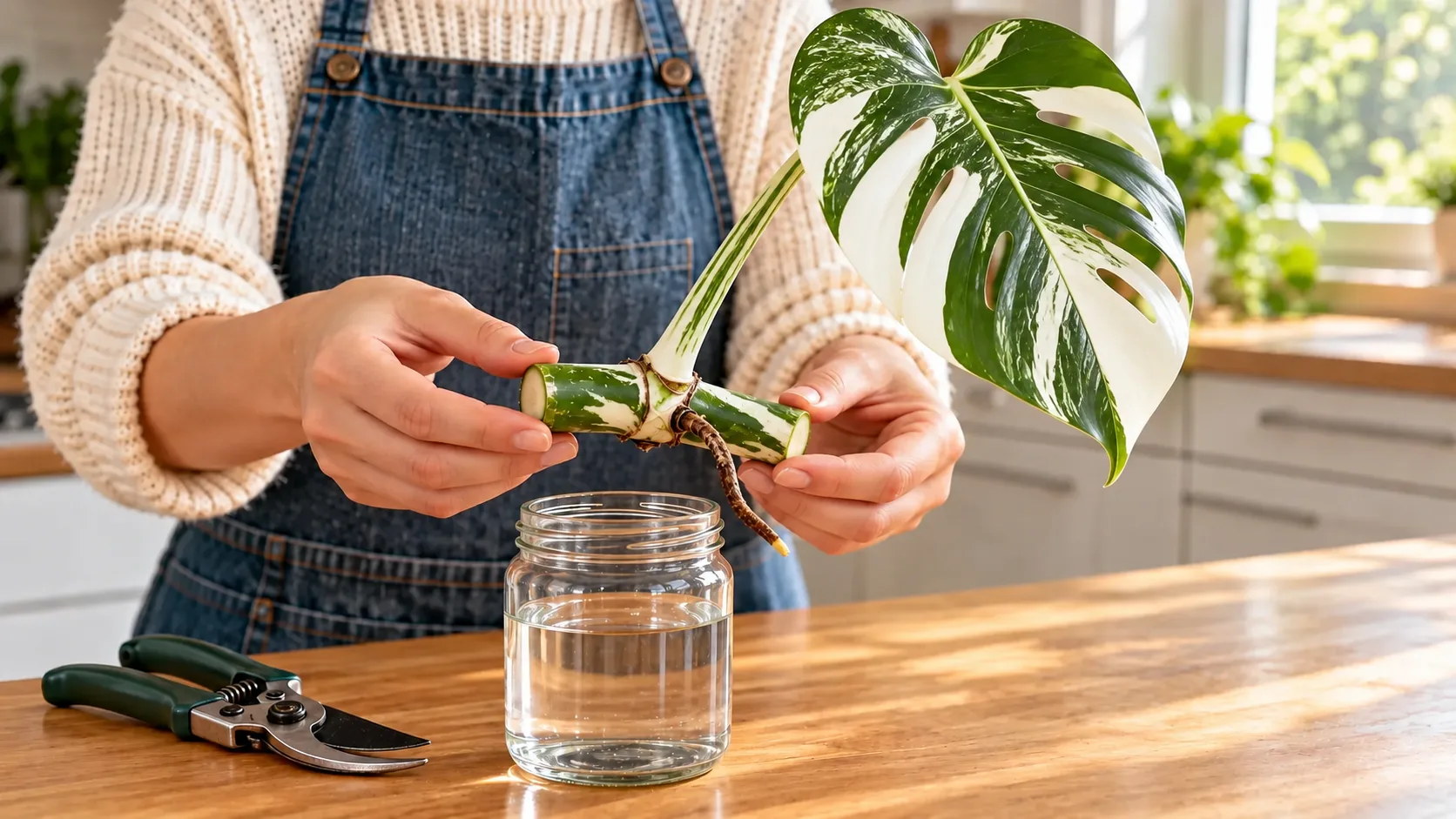 Deux mains tiennent une bouture de monstera variegata : un tronçon de tige strié de blanc au niveau du nœud, une racine aérienne et une feuille découpée à grands secteurs blancs