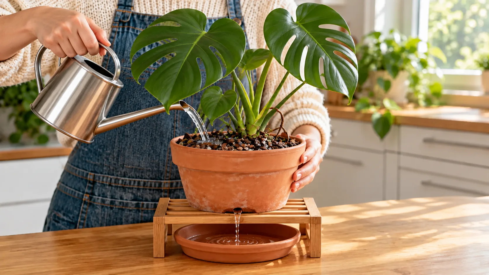 Une main verse l'arrosoir sur le substrat d'un monstera en pot de terre cuite posé sur une grille en bois ; un filet d'eau sort du trou de drainage et tombe dans la soucoupe
