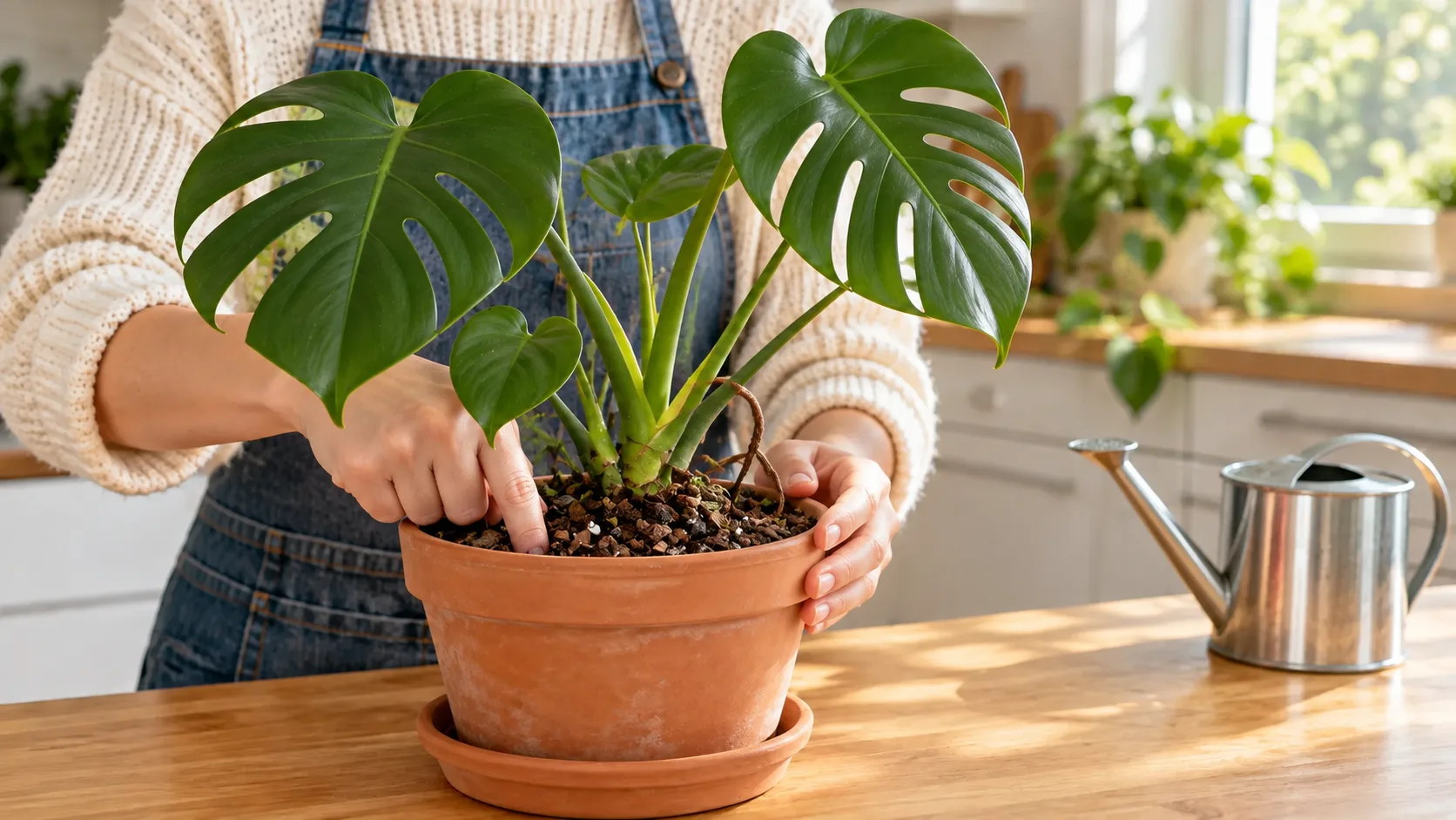 Un index enfoncé de quelques centimètres dans le terreau d'un monstera en pot de terre cuite, pour sentir s'il est sec, avec un arrosoir qui attend sur le plan de travail