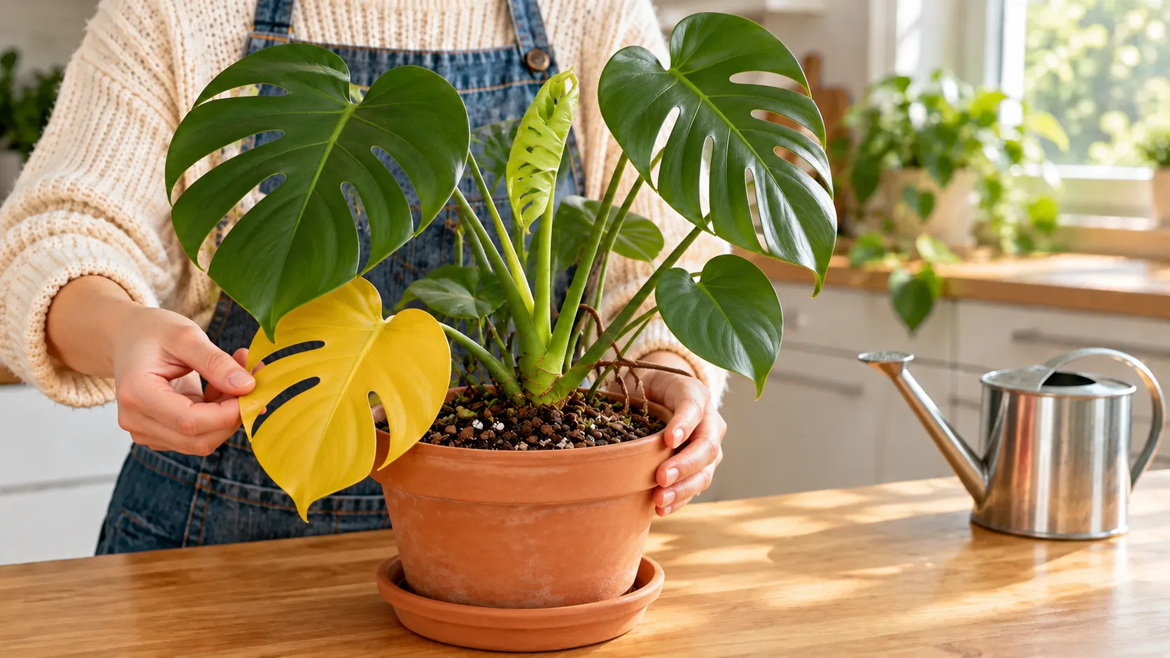 Une main soulève la feuille la plus basse d'un monstera, jaune de façon uniforme, pendant que les autres restent vert foncé et qu'une feuille neuve se déroule au sommet