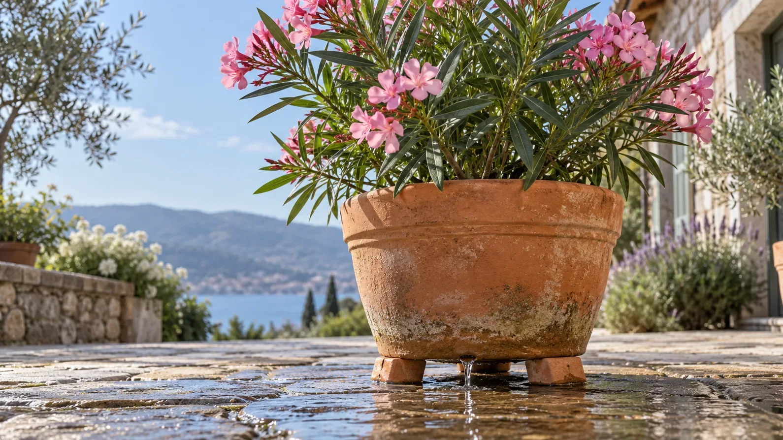 Laurier-rose fleuri dans un grand pot en terre cuite posé sur trois pieds de pot, vu au ras du sol, un filet d'eau s'écoulant du trou de drainage sur le dallage mouillé