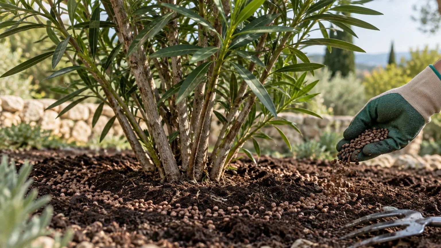 Main gantée versant des granulés d'engrais bruns en cercle au pied d'un laurier-rose planté en pleine terre, sur une couche de compost