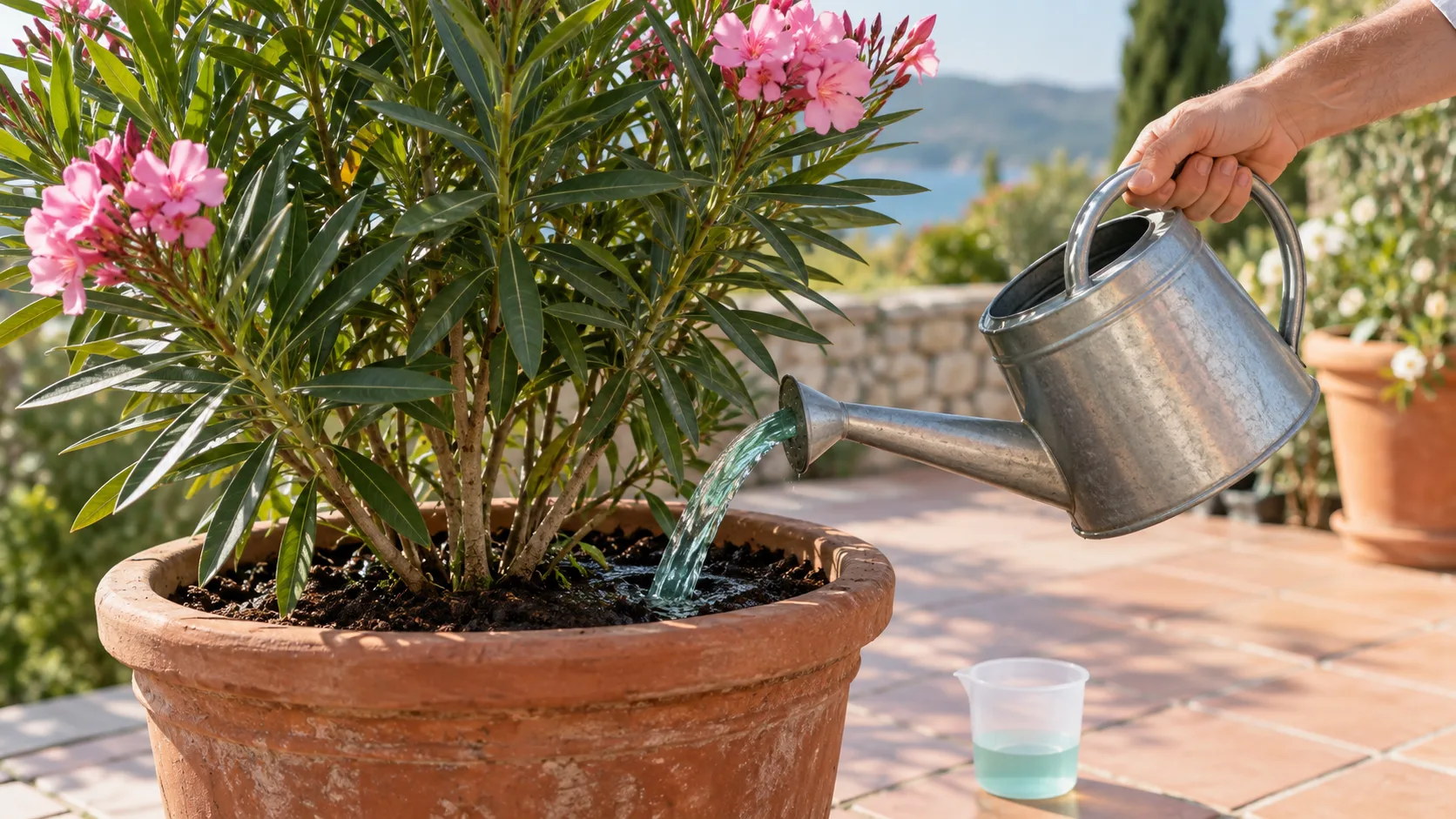 Arrosoir en zinc versant une eau légèrement teintée au pied d'un laurier-rose fleuri en pot de terre cuite, un gobelet doseur posé à côté