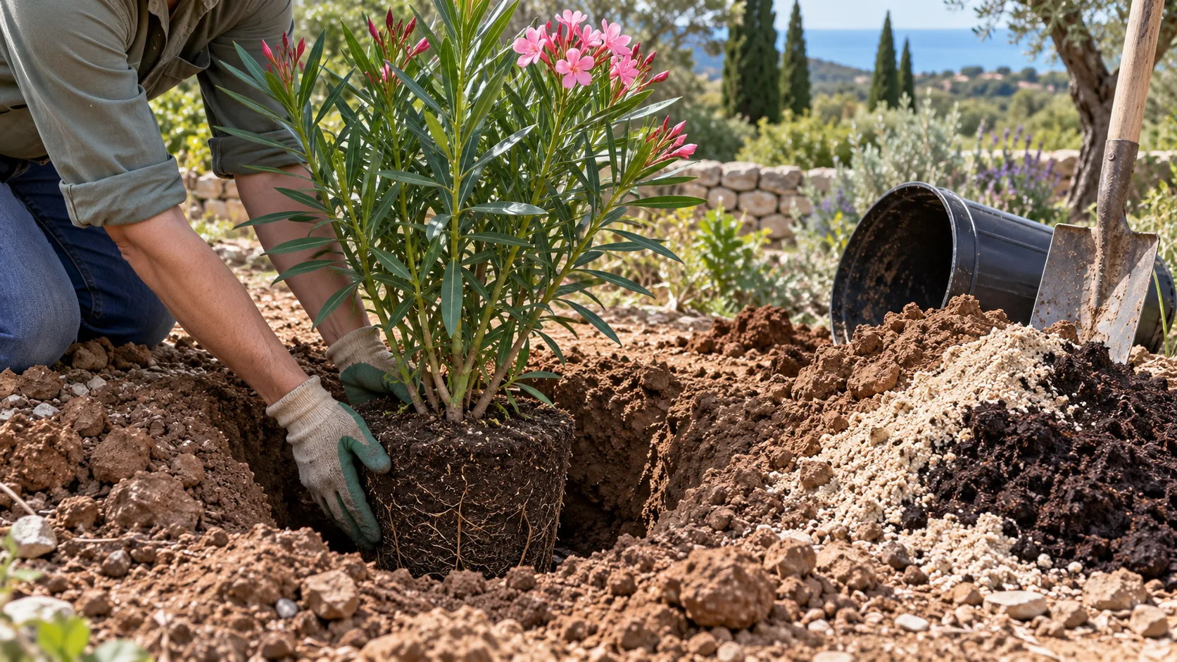 Mains gantées descendant la motte intacte d'un jeune laurier-rose fleuri dans un large trou creusé en terre argileuse, à côté d'un tas de terre mêlée de sable et de compost, d'une bêche et du pot vide